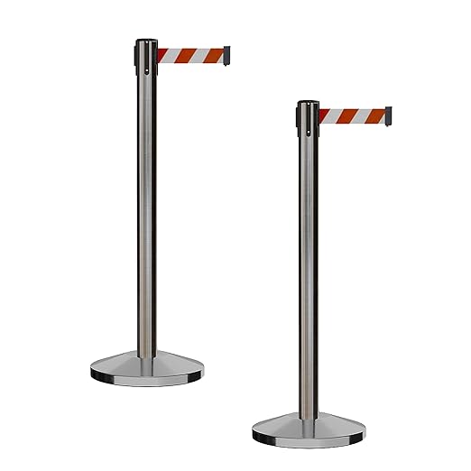 CCW Series RBB-100 - Set of 2 Stanchion Retractable Belt Barriers (7.5 Foot Belt, Red and White Diagonal Belt with Satin Stainless Steel Post)
