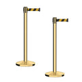 CCW Series RBB-100 - Set of 2 Stanchion Retractable Belt Barriers (7.5 Foot Belt, Black and Yellow Diagonal Belt with Polished Brass Post)
