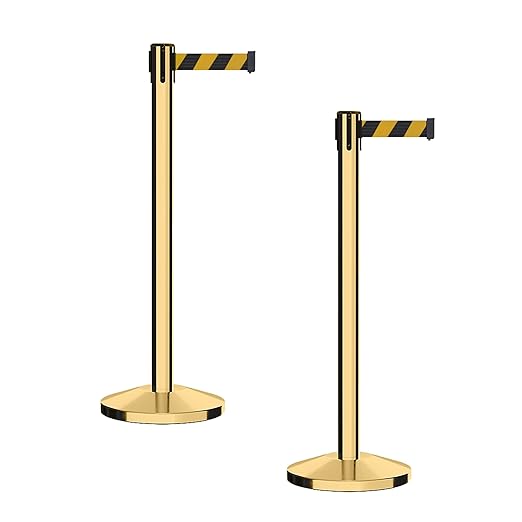 CCW Series RBB-100 - Set of 2 Stanchion Retractable Belt Barriers (7.5 Foot Belt, Black and Yellow Diagonal Belt with Polished Brass Post)