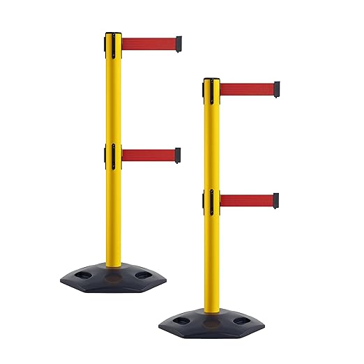 Crowd Control Warehouse CCW Set of 2 Retractable Dual Belt Stanchion Safety Barrier, Heavy-Duty Rubber Base Yellow Post, WBB-200D (7.5 Foot Belt, Red Belt)
