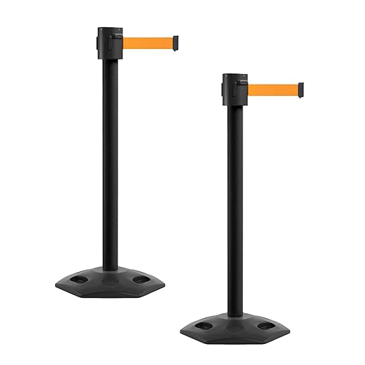 Montour Line MSR760 Set of 2 Retractable Belt Barrier Stanchion, Rubber Base, Black Powder Coated Post (35 ft Fluorescent Orange Belt)
