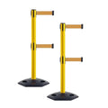CCW Series WBB-200D - Set of 2 Retractable Dual Belt Stanchion Safety Barrier, Heavy-Duty Rubber Base Yellow Post (9 Foot Belt, Brown Belt)