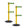Crowd Control Warehouse CCW Set of 2 Retractable Dual Belt Stanchion Safety Barrier, Heavy-Duty Rubber Base Yellow Post, WBB-200D (9 Foot Belt, Green Belt)