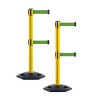 Crowd Control Warehouse CCW Set of 2 Retractable Dual Belt Stanchion Safety Barrier, Heavy-Duty Rubber Base Yellow Post, WBB-200D (9 Foot Belt, Green Belt)