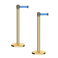 CCW Series RBB-100 - Set of 2 Stanchion Retractable Belt Barriers (7.5 Foot Belt, Light Blue Belt with Polished Brass Post)
