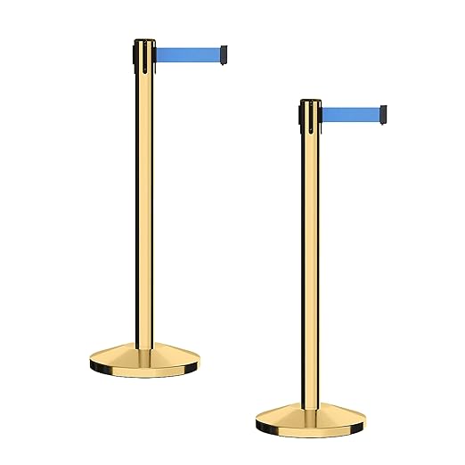 CCW Series RBB-100 - Set of 2 Stanchion Retractable Belt Barriers (7.5 Foot Belt, Light Blue Belt with Polished Brass Post)