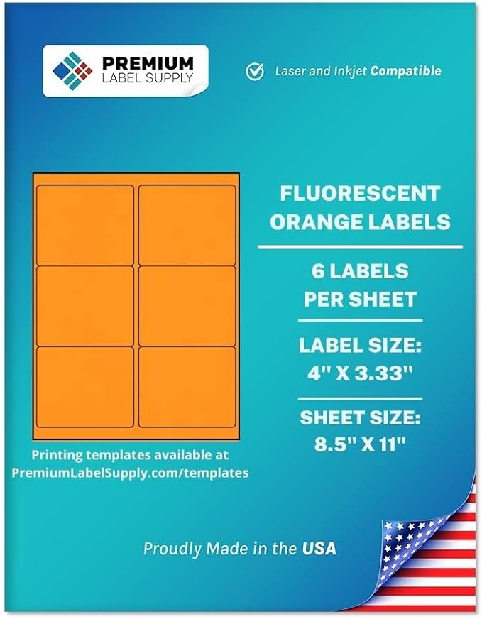 Premium Label Supply Bright Neon Color Fluorescent Stickers - 4" x 3.33" Labels - (Fluorescent Orange, 3000 Labels)