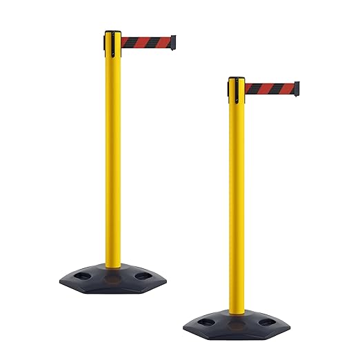 Crowd Control Warehouse CCW Series WBB-200 - Set of 2 Stanchion Retractable Belt Barriers - 11 Foot, Black and Red Diagonal Belt with Yellow Post - Easy Assembly