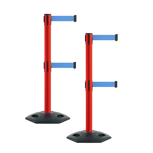 Montour Line MSR630D Set of 2 Retractable Belt Barrier Stanchion, Heavy-Duty Rubber Base, Red Post (11 ft Light Blue Dual Belt)