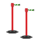Montour Line MSR760 Set of 2 Retractable Belt Barrier Stanchion, Rubber Base, Red Post (35 ft Green and White Diagonal Belt)