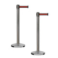 CCW Series RBB-100 - Set of 2 Stanchion Retractable Belt Barriers (7.5 Foot Belt, Black with Horizontal Red Stripe Belt with Satin Stainless Steel Post)
