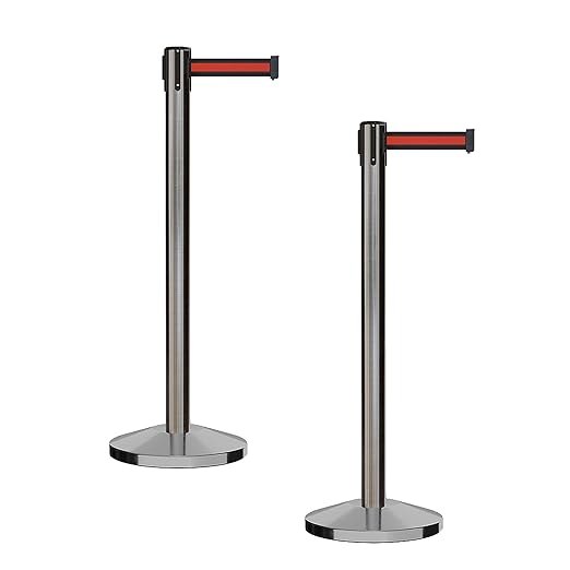 CCW Series RBB-100 - Set of 2 Stanchion Retractable Belt Barriers (7.5 Foot Belt, Black with Horizontal Red Stripe Belt with Satin Stainless Steel Post)