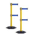 Crowd Control Warehouse CCW Set of 2 Retractable Dual Belt Stanchion Safety Barrier, Heavy-Duty Rubber Base Yellow Post, WBB-200D (11 Foot Belt, Blue Belt)