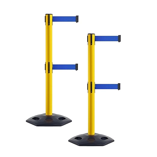 Crowd Control Warehouse CCW Set of 2 Retractable Dual Belt Stanchion Safety Barrier, Heavy-Duty Rubber Base Yellow Post, WBB-200D (7.5 Foot Belt, Blue Belt)