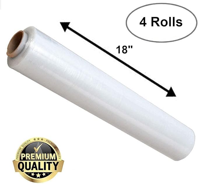 ABC Plastic Wrap for Moving, 18 Inch x 1500 Feet. 4 Roolls of Pallet Wrap Stretch Film. Moving Supplies Stretch Wrap Roll. Industrial Plastic Wrap Roll Moving. Packing Wrap Plastic Roll