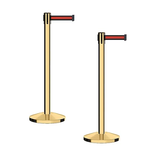 CCW Series RBB-100 - Set of 2 Stanchion Retractable Belt Barriers (11 Foot Belt, Black with Horizontal Red Stripe Belt with Polished Brass Post)