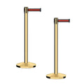 CCW Series RBB-100 - Set of 2 Stanchion Retractable Belt Barriers (11 Foot Belt, Black with Horizontal Red Stripe Belt with Polished Brass Post)