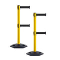 Crowd Control Warehouse CCW Set of 2 Retractable Dual Belt Stanchion Safety Barrier, Heavy-Duty Rubber Base Yellow Post, WBB-200D (7.5 Foot Belt, Black Belt)