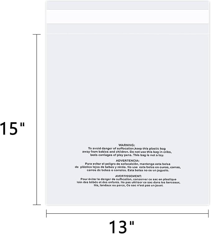 iMailer - 200 Count - 13" x 15" Clear Plastic Poly Bags with Suffocation Warning for Clothing, T-Shirts, Pants-Resealable Adhesive,Not Strong