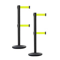 Crowd Control Warehouse CCW Set of 2 Dual Retractable Belt Barrier Stanchion, Cast Iron Base Black Post, IRBB-100D (9 Belt, Fluorescent Yellow Belt)