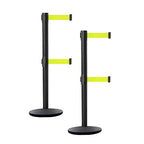 Crowd Control Warehouse CCW Set of 2 Dual Retractable Belt Barrier Stanchion, Cast Iron Base Black Post, IRBB-100D (7.5 Belt, Fluorescent Yellow Belt)