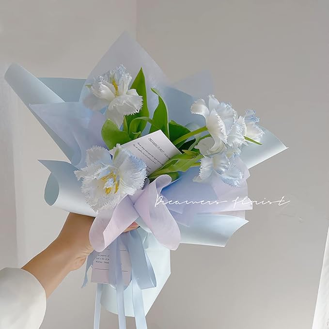 FWSA WRAPS Blue Korean Floral Wrapping Paper Rolls for Bouquet Waterproof Thick Gift Box Packaging, DIY Craft Decorative Paper 23.23 x 288 inches (Color 7 (Light Blue))