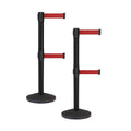 Crowd Control Warehouse CCW Series RBB-100D Set of 2 Stanchion Retractable Belt Barriers - Sloped Base, 9 Foot, Red Dual Belt with Black Post - Easy Assembly