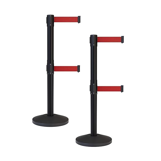 Crowd Control Warehouse CCW Series RBB-100D Set of 2 Stanchion Retractable Belt Barriers - Sloped Base, 9 Foot, Red Dual Belt with Black Post - Easy Assembly