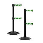 CCW Series WBB-200D - Set of 2 Retractable Dual Belt Barrier Stanchion, Heavy Duty Rubber Base, Black Post (11 Foot Belt, Green and White Diagonal Belt)