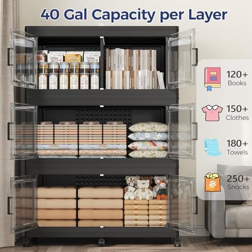 160Gal Stackable Storage Bins with Lid, 640Qt Extra Large Collapsible Storage Box with Wheels, Dividers, Folding Plastic Cabinet Closet Organizers for Home Kitchen Office Dorm, 4Pack Black
