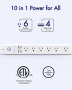 Power Strip 10Ft - Surge Protector with USB, AUOPLUS 6 Outlet and 4 USB Charger, 10Ft Long Extension Cord Flat Plug(1250W/10A/2100J), Wall Mountable Overload Protection for Computer Home Office Dorm
