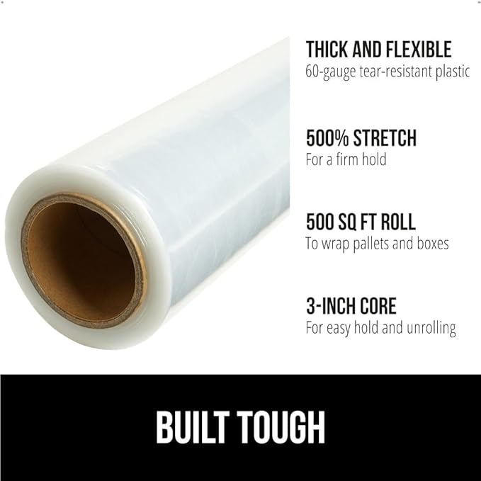 GORILLA GRIP 500% Stretch Film Heavy Duty Plastic, 500ft Shrink Wrap Roll 17" Puncture Resistant, Industrial Strength for Shipping, Pallet Storing, Moving, Packing Furniture Protection 1 Pack Clear
