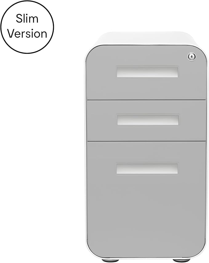 Laura Davidson Furniture Stockpile Slim 3-Drawer Mobile File Cabinet with Lock - Under Desk Metal Filing Cabinet, Legal/Letter File Folders, Wheels & Stationary Feet, Assembled, Light Grey Faceplate
