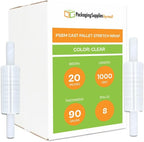PSBM Stretch Wrap with Extended Core Handles, 8 Pack, 20 Inch x 1000 Feet, 90 Gauge, Clear, Large Plastic Cling Film for Pallets Moving Storing