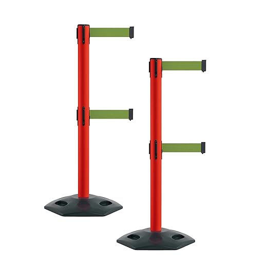 Montour Line MSR630D Set of 2 Retractable Belt Barrier Stanchion, Heavy-Duty Rubber Base, Red Post (7.5 ft Olive Dual Belt)