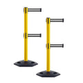 Crowd Control Warehouse CCW Set of 2 Retractable Dual Belt Stanchion Safety Barrier, Heavy-Duty Rubber Base Yellow Post, WBB-200D (11 Foot Belt, Black with White Horizontal Stripe Belt)