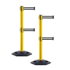 Crowd Control Warehouse CCW Set of 2 Retractable Dual Belt Stanchion Safety Barrier, Heavy-Duty Rubber Base Yellow Post, WBB-200D (11 Foot Belt, Black with White Horizontal Stripe Belt)