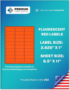 Premium Label Supply Bright Neon Color Fluorescent Stickers - 2.625" x 1" Address Labels - (Fluorescent Red, 15000 Labels)