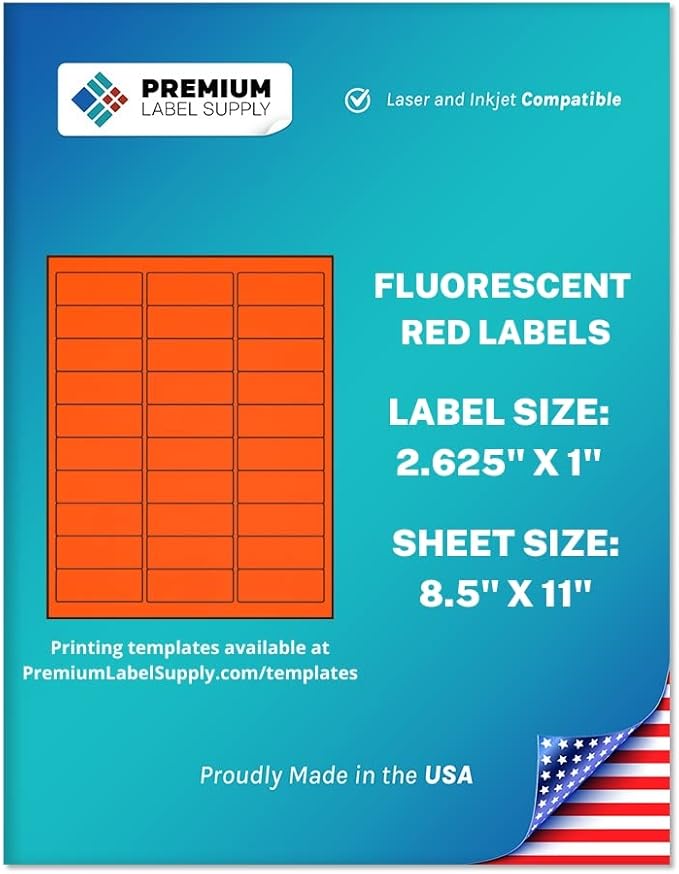 Premium Label Supply Bright Neon Color Fluorescent Stickers - 2.625" x 1" Address Labels - (Fluorescent Red, 750 Labels)