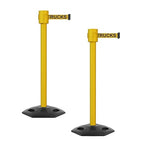 Montour Line MSR760 Set of 2 Retractable Belt Barrier Stanchion, Rubber Base, Yellow Post (35 ft Yellow with"Danger - Forklift Trucks" Black Letters Belt)