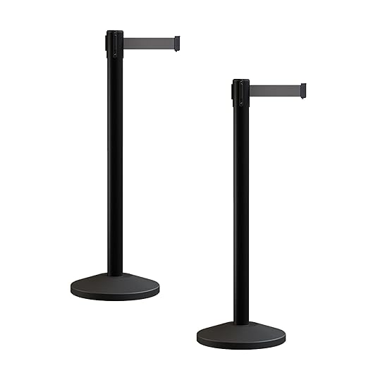 Crowd Control Warehouse CCW Series RBB-100 - Set of 2 Stanchion Retractable Belt Barriers - 9 Foot, Dark Grey Belt with Black Post - Easy Assembly