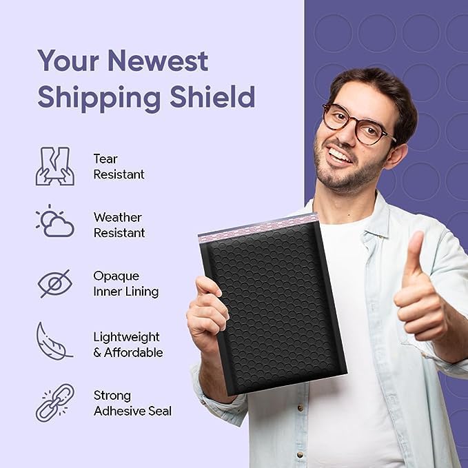 Black 14.25x20 Inch Poly Bubble Mailers #7 | Self Seal Large Padded Envelopes | Air Cushioned Bubble Mailer | Usable Size 14.25x19 Inch | Waterproof Lightweight Mailing Shipping Bags | 50 Pack Bulk