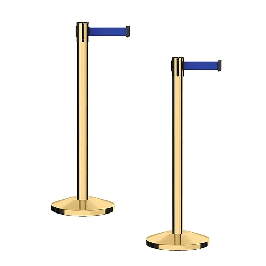 CCW Series RBB-100 - Set of 2 Stanchion Retractable Belt Barriers (9 Foot Belt, Dark Blue Belt with Polished Brass Post)