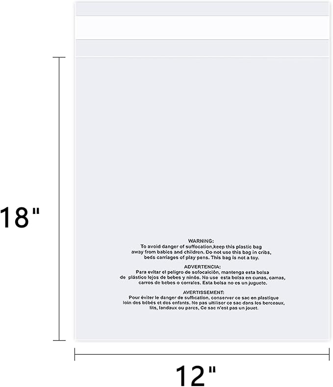 iMailer - 500 Count - 12" x 18" Poly Bags with Suffocation Warning - Clear Plastic Packaging Bags for Clothing, T-Shirts - Resealable Adhesive, Not Strong