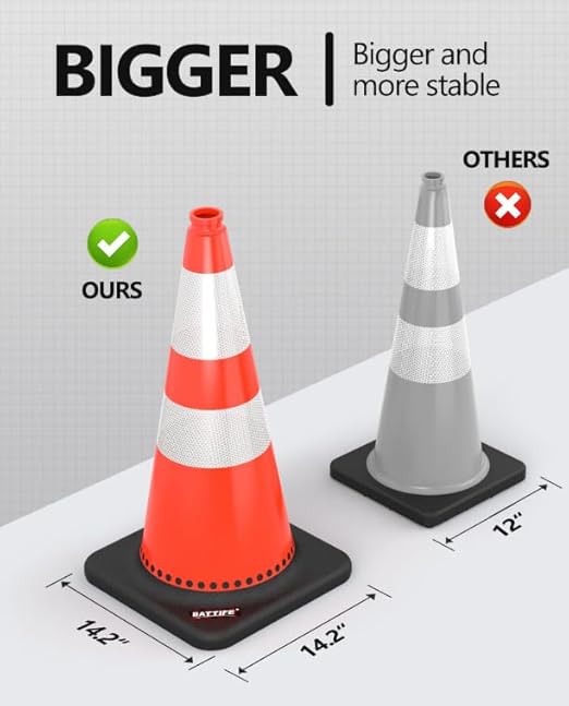 (4 Pack) BATTIFE Traffic Cones 28 Inch with Black Weighted Base, PVC Orange Cone for Traffic Control, Construction Events, Driveway Road Parking Lot