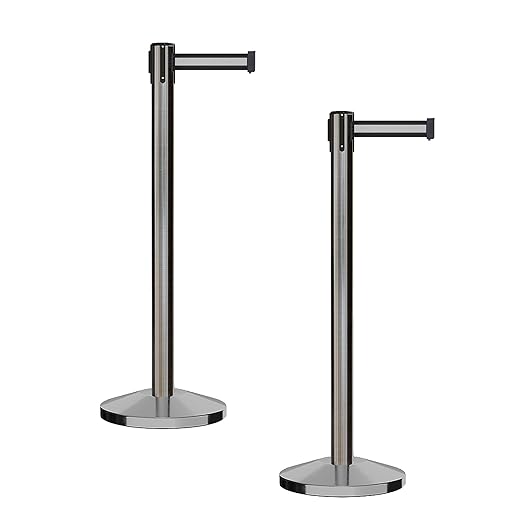 CCW Series RBB-100 - Set of 2 Stanchion Retractable Belt Barriers (9 Foot Belt, Black with White Horizontal Stripe Belt with Satin Stainless Steel Post)