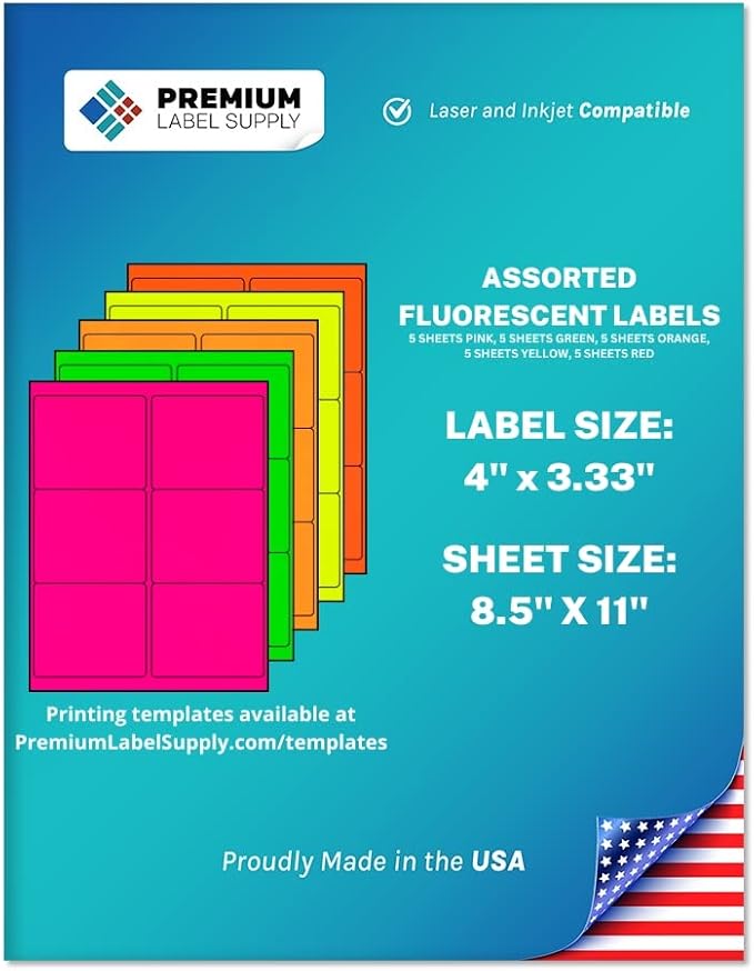 Premium Label Supply Bright Neon Color Fluorescent Stickers - 4" x 3.33" Labels - (Assorted Fluorescent, 150 Labels)