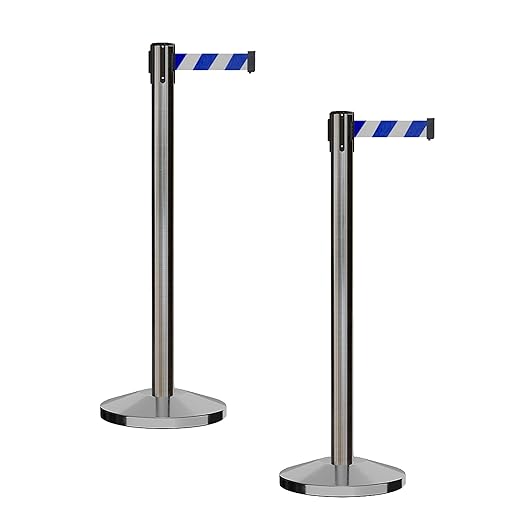 CCW Series RBB-100 - Set of 2 Stanchion Retractable Belt Barriers (9 Foot Belt, Blue and White Diagonal Belt with Satin Stainless Steel Post)