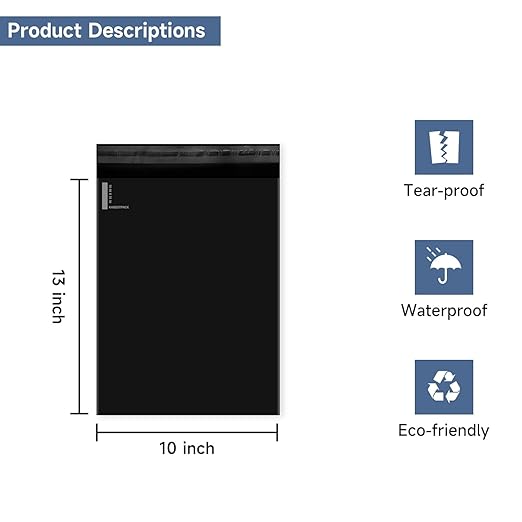 KKBESTPACK 50 Large Poly Mailers 10x13 Shipping Bags for Small Business – Self Sealing Package Envelopes Black
