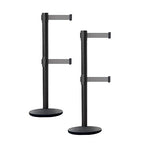 Crowd Control Warehouse CCW Set of 2 Dual Retractable Belt Barrier Stanchion, Cast Iron Base Black Post, IRBB-100D (11 Belt, Light Grey Belt)